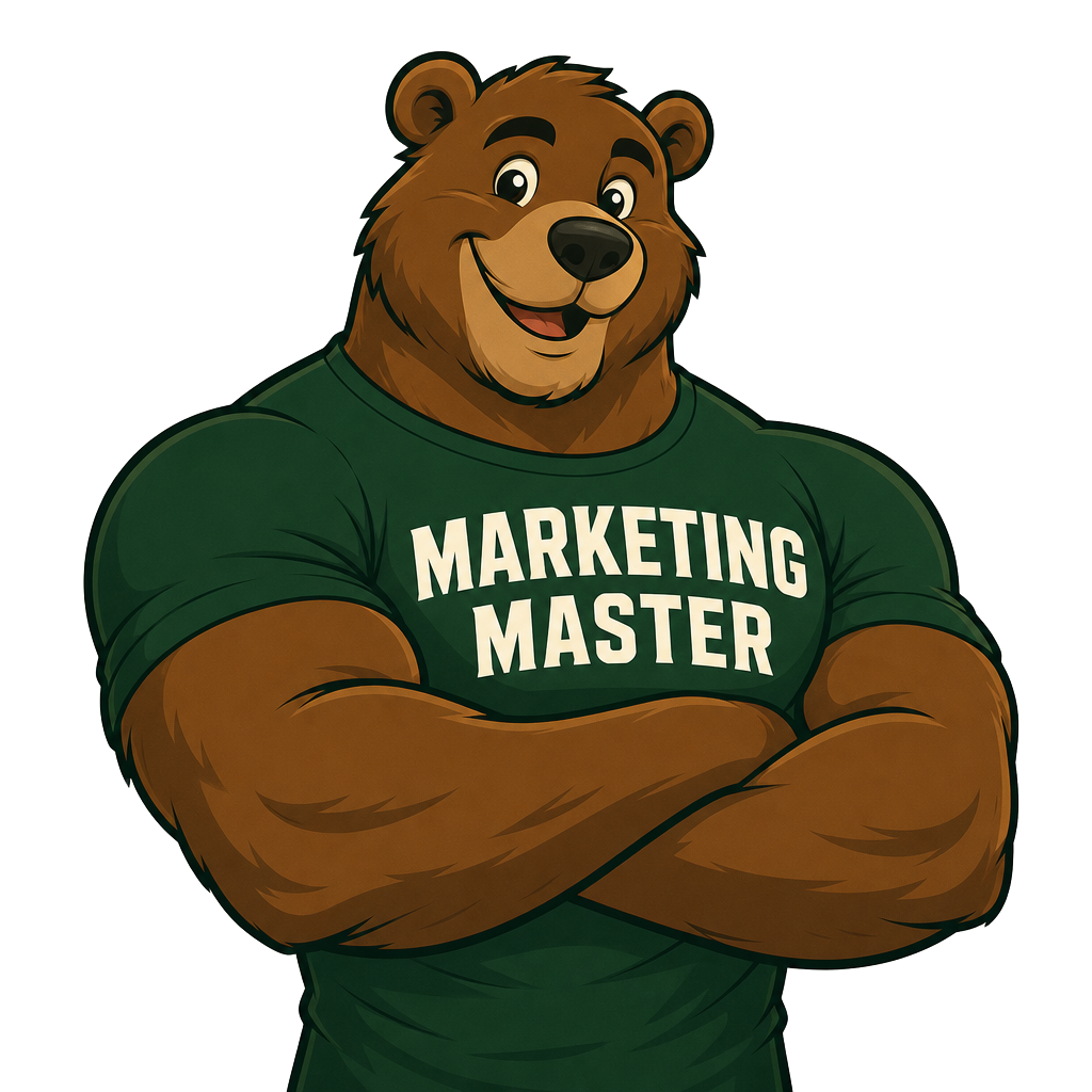 Papa Bear Barry mascot wearing a Marketing Master shirt